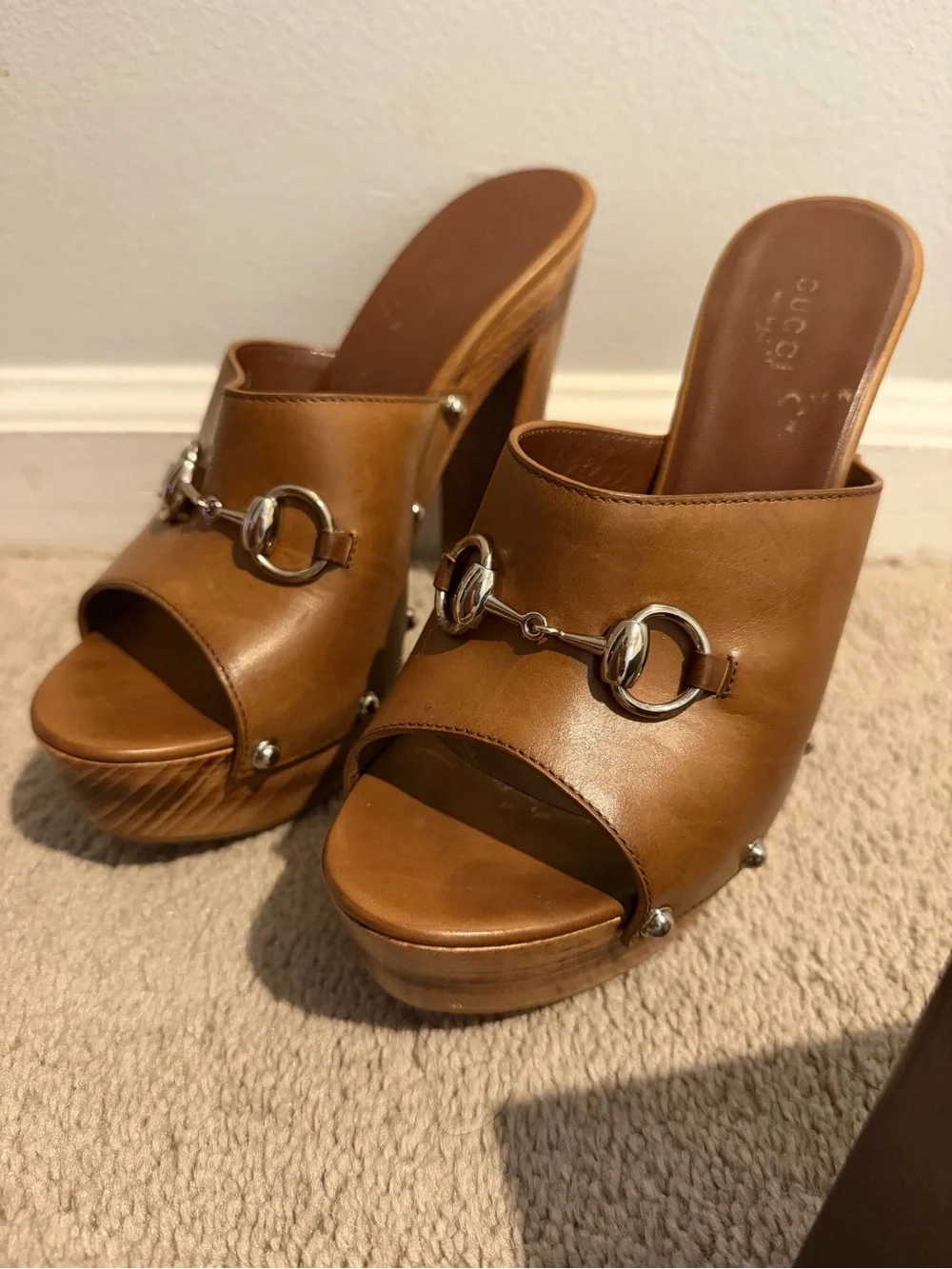 Gucci Tan Leather Horsebit Platform Mules
